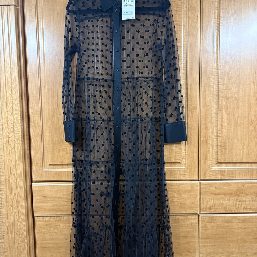 Elegant Black Sheer Polka Dot Duster Zara NWT